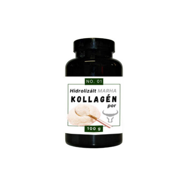 Quebeck Hidrolizált marha kollagén por 100g – fekete műanyag tégely fehér címkével és kanalas kollagén illusztrációval