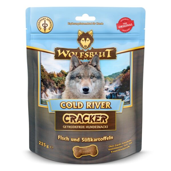 Wolfsblut Cold River Cracker 225g – gabonamentes kutyasnack halból és édesburgonyából, felnőtt kutyáknak készült jutalomfalat csomagolása
