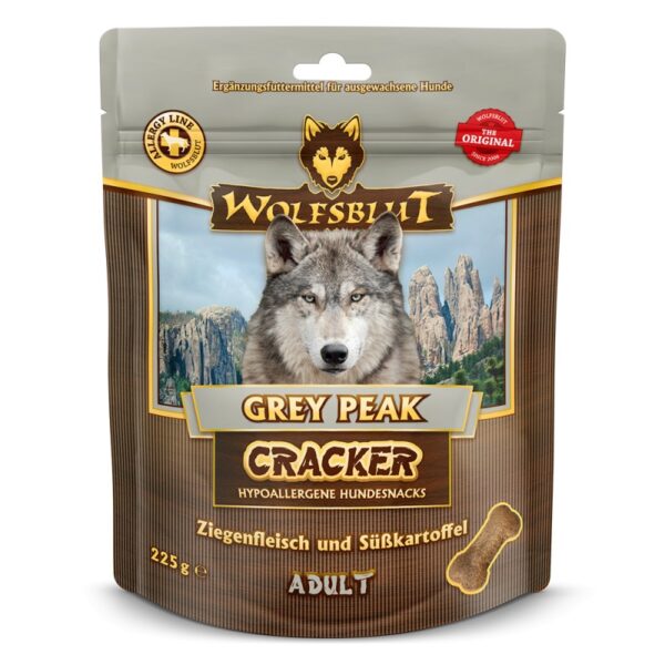 Wolfsblut Grey Peak Cracker 225g – hypoallergén kutyasnack kecskehússal és édesburgonyával, felnőtt kutyáknak készült jutalomfalat csomagolása