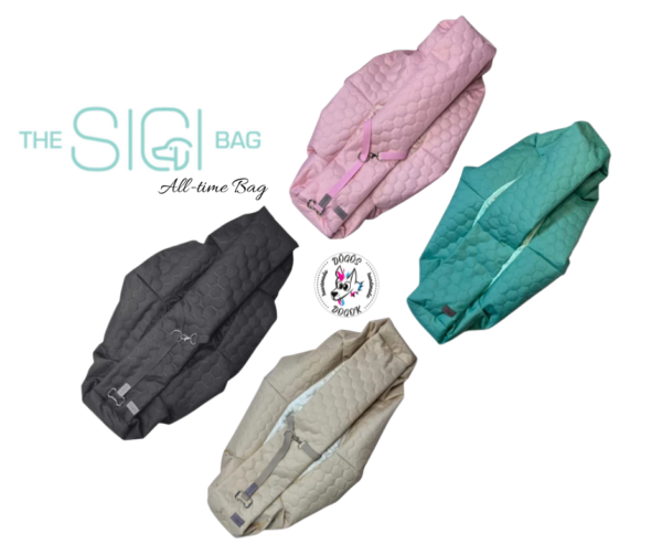 The Sigi Bag All-time Bag – prémium steppelt kutyatáskák négy színben (rózsaszín, zöld, bézs, fekete), Dögös Dogok logóval és márkajelzéssel