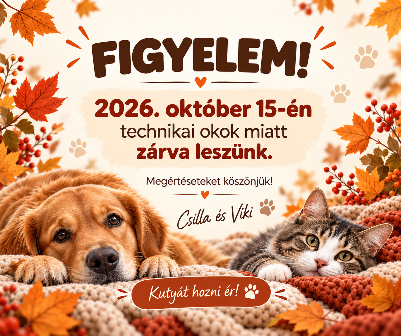 Október 15-én technikai okok miatt zárva leszünk. Csilla és Viki.